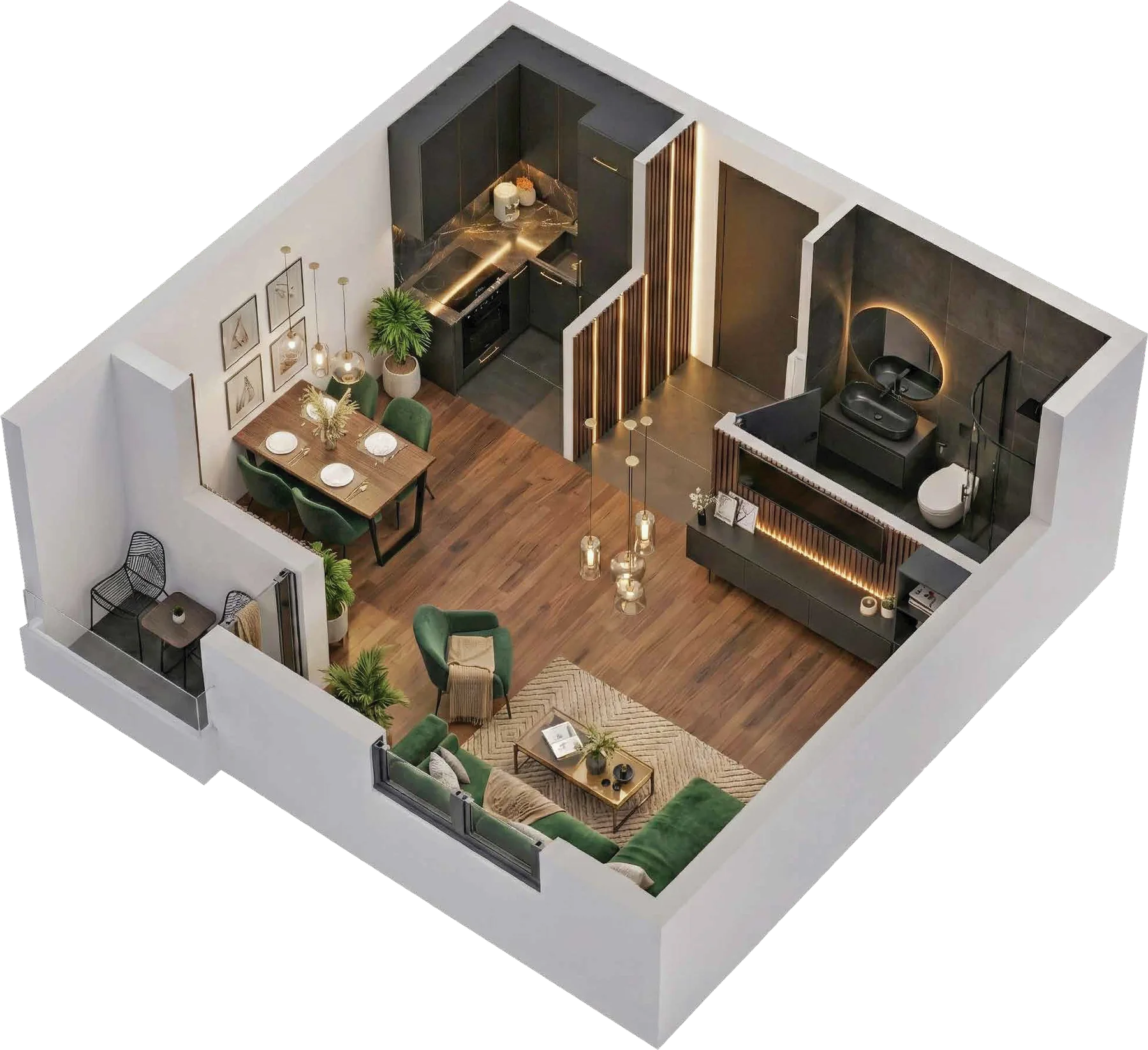 3D prikaz, jednosoban stan, 31,66 m²