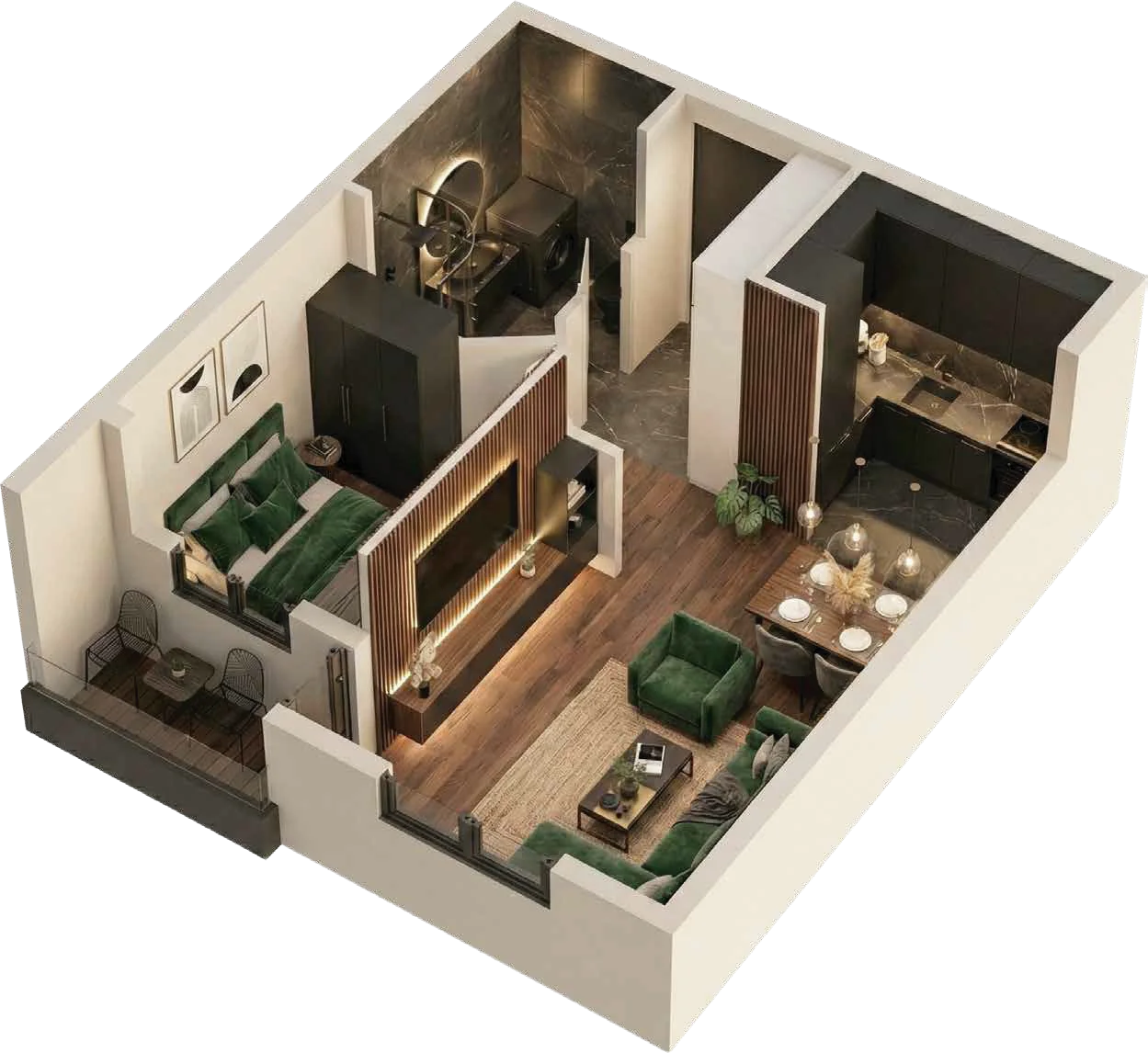 3D prikaz, dvosoban stan, 36,75 m²