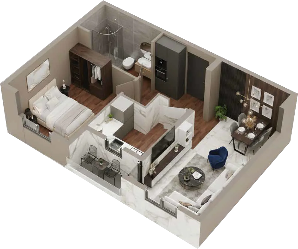 3D prikaz, dvosoban stan, 45,52 m²