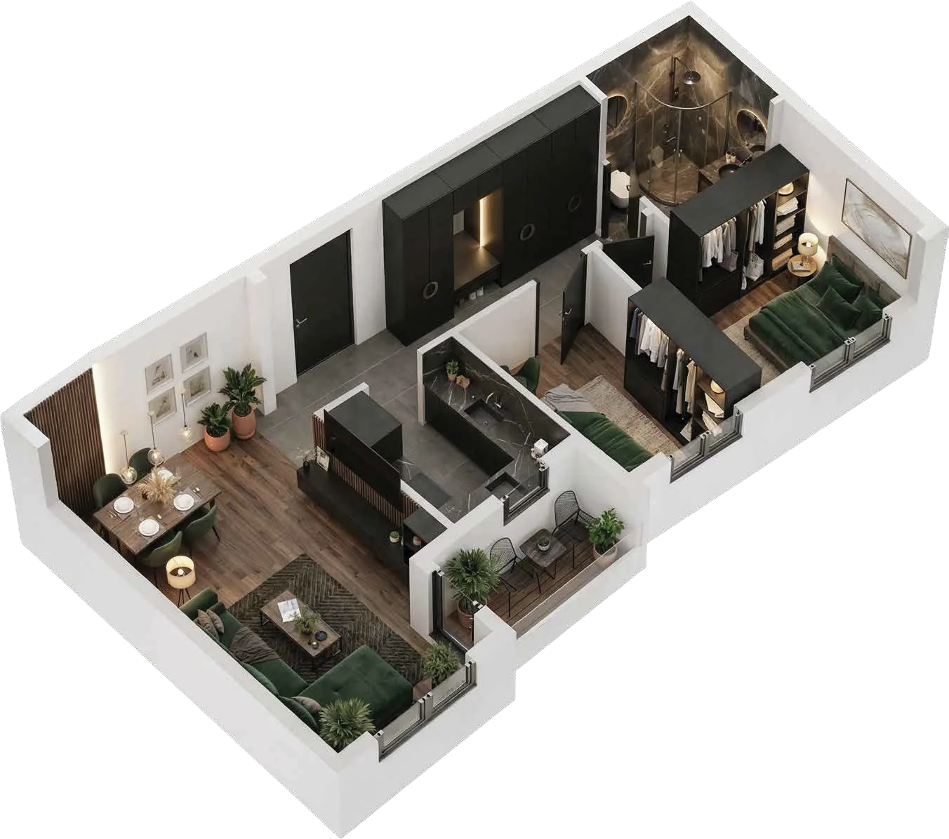 3D prikaz, trosoban stan, 48,75 m²