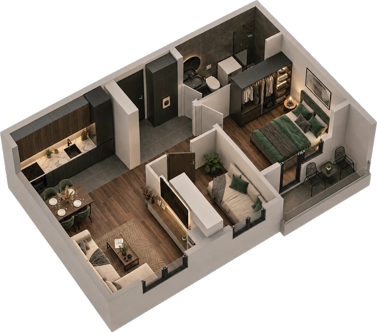 3D prikaz, trosoban stan, 48,65 m²