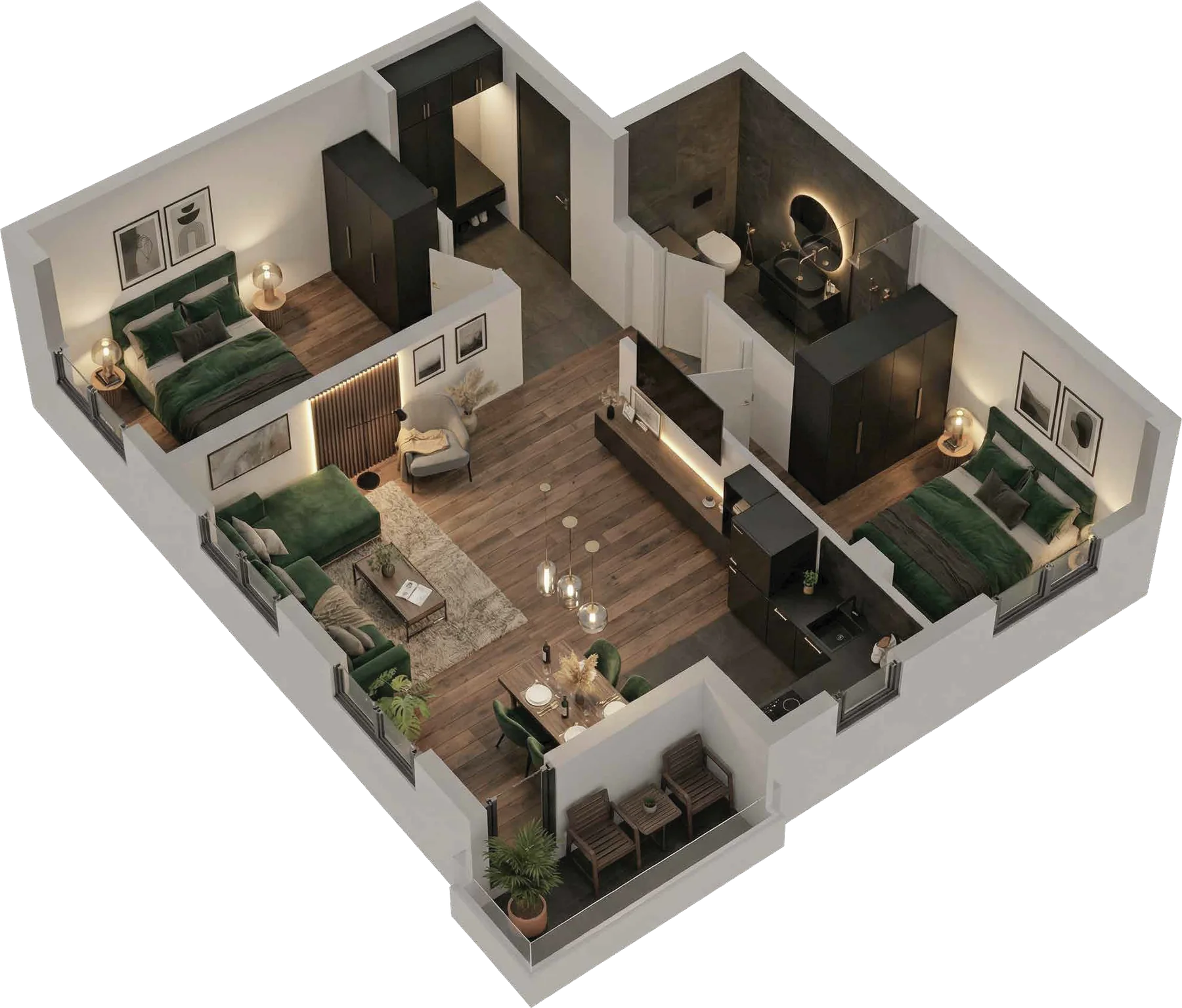 3D prikaz, trosoban stan, 57,84 m²